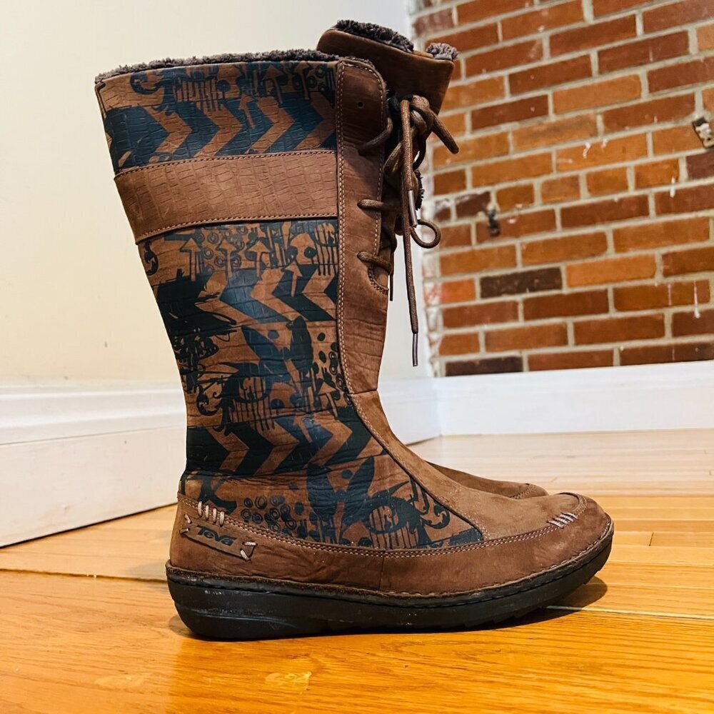 TEVA Kiru Brown Nubuck Leather Aztec Fleece Lined Mid Calf Boots Women's 8.5 - Picture 5 of 16